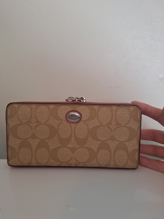 Coach Handbags - Coach Signature Canvas Zip Wallet in Khaki And Pink